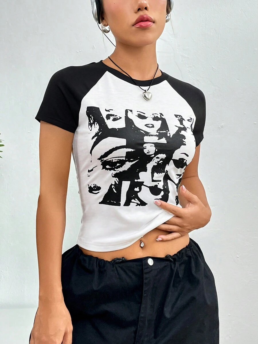 SHEIN EZwear Áo thun nữ Con số Giải trí - trắng - Xem 1