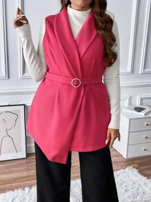 Flirla Plus Shawl Collar Belted Vest Overcoat - Hot Pink - View 4