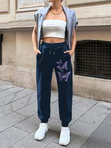 EURMUSE 蝴蝶印花抽繩腰運動褲 - 藏蓝色 - 查看 4