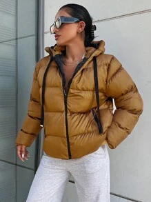 RueChic Zip Up Drawstring Hooded Puffer Coat - Brown - View 4