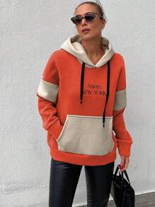 EURMUSE Letter Graphic Colorblock Kangaroo Pocket Drop Shoulder Drawstring Hoodie - Orange - View 3