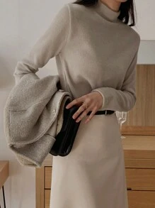 DAZY Women's Basic Thermal Lined Mock Neck Slim Fit Solid Color T-Shirt Fall,Winter Long Sleeve Top - Khaki - View 6