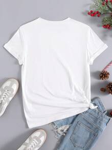 SHEIN LUNE 圣诞印花 T 恤 图案 T 恤 女式上衣 - 白色 - 查看 2