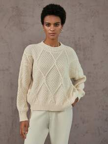 SHEIN LUNE 純色落肩毛衣 - 米色 - 查看 5