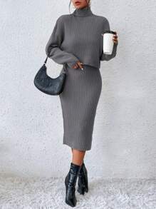 Chiquease 高領落肩袖毛衣和針織裙 - 灰色 - 查看 4