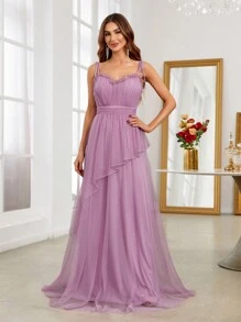 SHEIN Belle Ruffle Trim Mesh Formal Dress - Purple - View 1