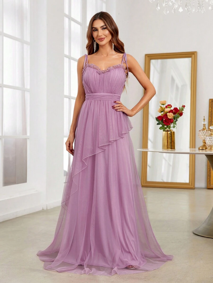 SHEIN Belle Ruffle Trim Mesh Formal Dress - Purple - View 1