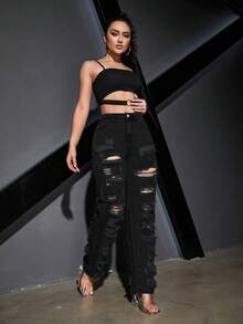 Cao eo Rách Quần legging thẳng - màu đen - Xem 6