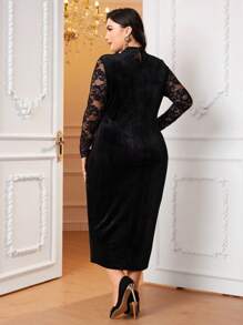 Modelyn Hơn Ren tương phản Viền rìa Cổ giả Nhung Váy bodycon - màu đen - Xem 2