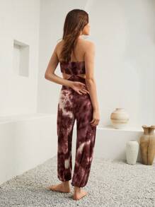 Bohemela Tie Dye Drawstring Waist Halter Jumpsuit - Brown - View 2