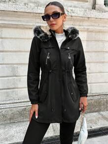 EURMUSE Drawstring Waist Fuzzy Trim Hooded Parka Coat - Black - View 5