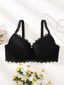 Bragas De Encaje Floral Con Ribete De Borde Festoneado Y Aros Para Tallas Grandes - Negro - Ver 1