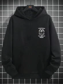 Men's Skull Print Drawstring Hooded Sweatshirt, Casual Street Style, Autumn/Winter, Back To School, For Halloween, Long Sleeve Top - Black - View 8