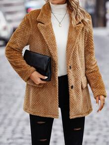 SHEIN Clasi Lapel Neck Flap Detail Flannel Coat - Brown - View 5