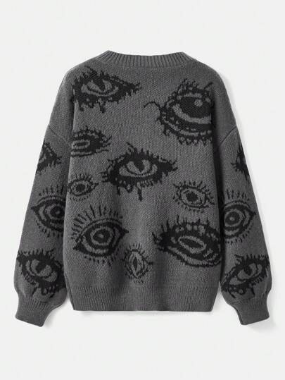 Grunge Punk Eye Pattern Drop Shoulder Sweater