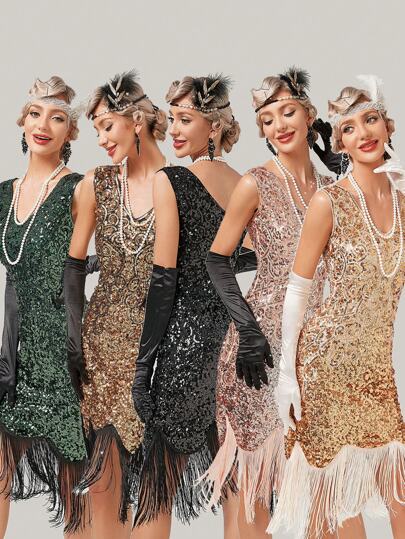 1920s Vintage Sequin Fringed Cocktail Party Dress With Heavy Beaded Embellishments Elegant Prom Semi Formal Wedding Guest Dress, For Birthday, Graduation, Dinner, Homecoming