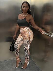 Slaydiva Pantalones ajustados con estampado ribete con fruncido - Multicolor - Ver 4