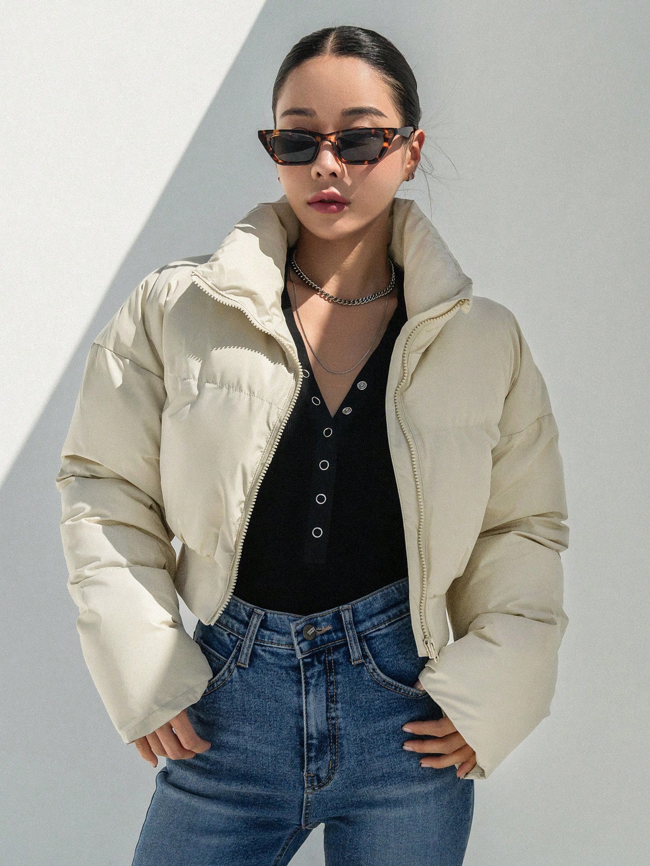 DAZY Drop Shoulder Zipper Crop Puffer Coat SHEIN USA