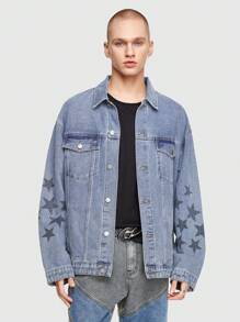 ROMWE MEN Street Life Men Denim Jacket With Turn Down Collar, Pockets And Star Pattern - Medium Wash - View 1