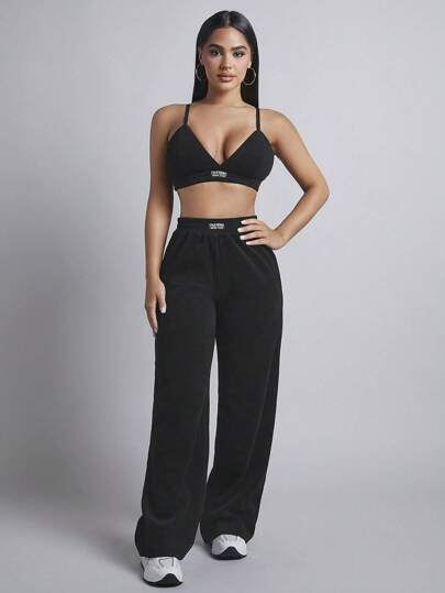 SHEIN PETITE Unicolore Top À Fines Brides Court & Pantalon Ample