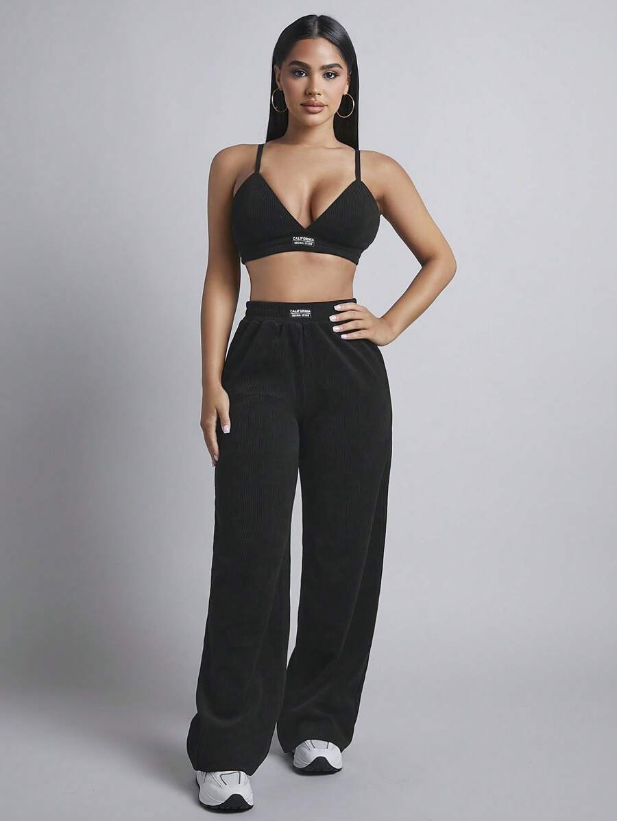 SHEIN PETITE 純色吊帶短款上衣和闊腿褲 - 黑色 - 查看 1