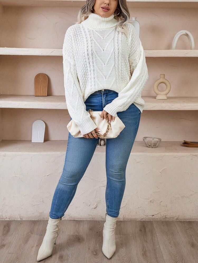 Plus Turtleneck Cable Knit Drop Shoulder Sweater Knit Pullover Fall Winter Sweater