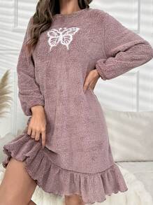 Butterfly Embroidery Ruffle Hem Flannel Lounge Dress - Brown - View 1