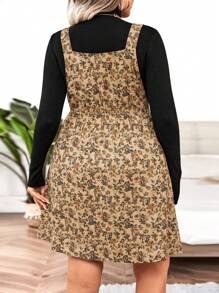 Calvaya Plus Ditsy Floral Print Zip Up Overall Dress Without Sweater - Brown - View 5