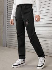 SHEIN 青少年男孩破洞水洗牛仔休閒直筒褲 - 黑色 - 查看 5