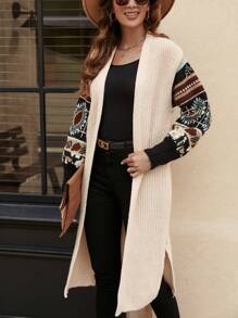 SHEIN LUNE Geo Pattern Drop Shoulder Duster Cardigan,Long Sleeve Tops In Fall/Winter - Khaki - View 3