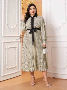 Modelyn 大碼通體印花撞色蕾絲束帶襯衫洋裝 - 杏色 - 查看 1