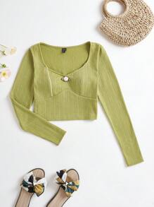 Soleia 素色雞心領口短款T恤 - 綠色 - 查看 1