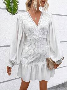 Chiquease Contrast Lace Lantern Sleeve Ruffle Hem Dress - White - View 5
