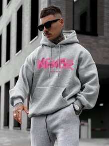 Men Letter Graphic Kangaroo Pocket Drawstring Hoodie - Grey - View 1