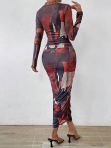 Zolique Allover Print Mock Neck Bodycon Dress - Multicolor - View 2