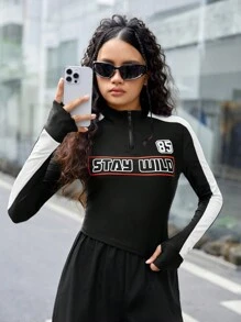 SHEIN Leap Crew Teen Girl Letter Graphic Contrast Side Seam Half Zip Tee - Black and White - View 1