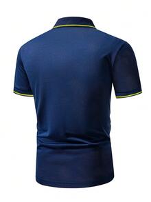 Manfinity Homme 男士馬印花拼接邊POLO衫 - 藍色 - 查看 2