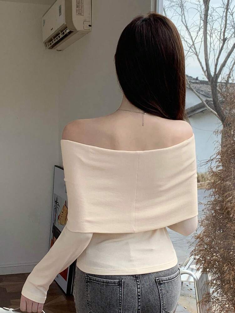 Solid Off Shoulder Slim Tee,Fall Clothes Long Sleeve Women Tops