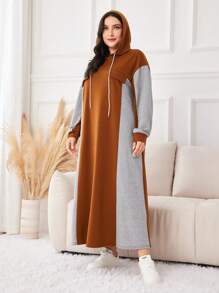 Mulvari Plus Colorblock Flap Detail Drawstring Hooded Sweatshirt Dress Graduation,Back To School Outfits,Graduation,Teacher Outfits For Women,Back To School Pullover Fall Outfit Winter Autumn - Multicolor - View 3