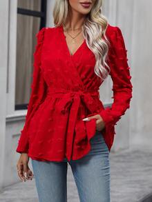 SHEIN Clasi Swiss Dot Surplice Neck Belted Blouse - Red - View 4