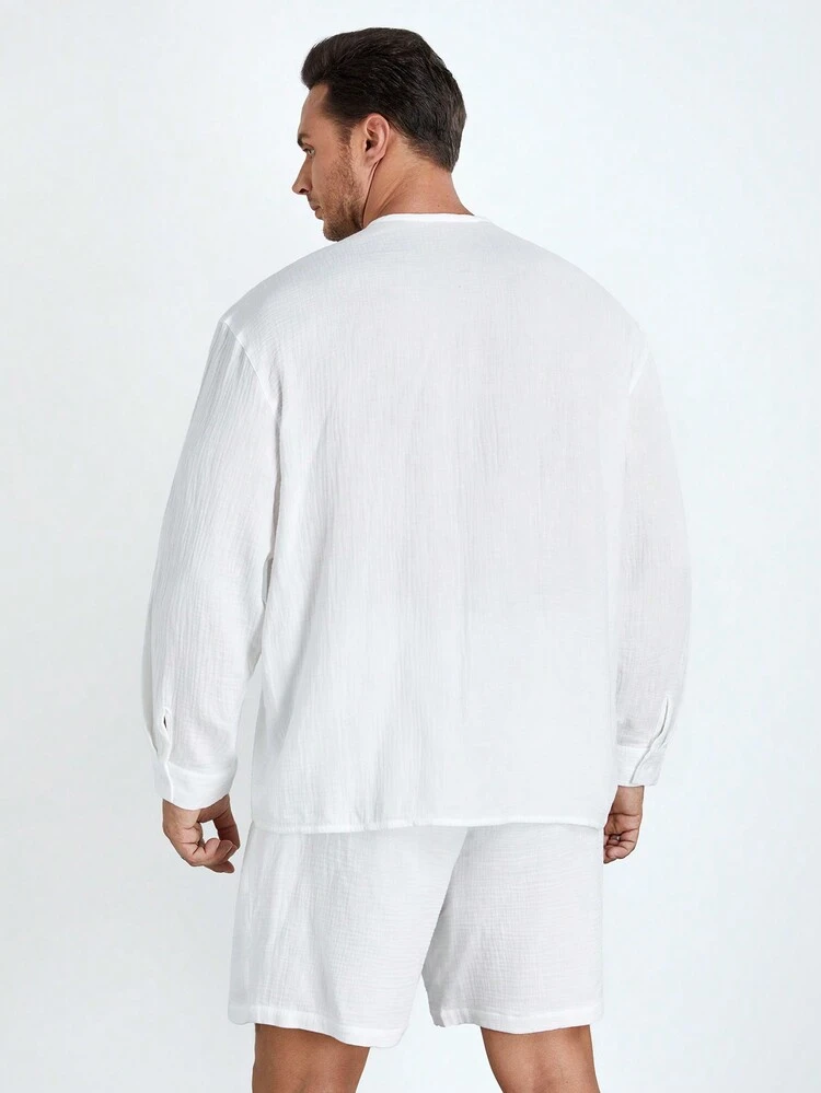 Men Plus Loose Solid Color Buttoned Shirt & Shorts Set