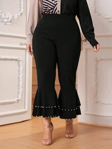 Modelyn Plus Pearls Beaded Detail Flare Leg Pants - Black - View 4