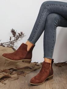 女士時尚棕色低跟短靴帶側拉鍊設計和尖頭 - 棕色 - 查看 2