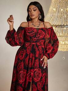 大碼印花一字肩高衩雪紡洋裝 - 紅色 - 查看 4