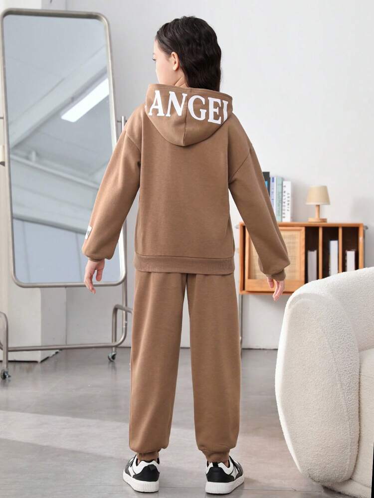 2pcs Girls Fleece Solid Color Letter Graphic Hoodie And Relaxed Fit Sweatpants Set, Thickened