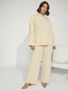 SHEIN BASICS Plus Drawstring Waist Flare Leg Knit Pants