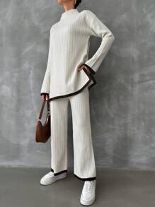 EURMUSE Contrast Trim Mock Neck Drop Shoulder Split Hem Sweater & Knit Pants - Beige - View 4