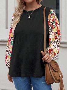 SHEIN LUNE 大碼印花燈籠袖華夫格編織上衣 - 黑色 - 查看 3