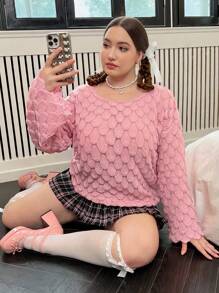 Flirla Plus Drop Shoulder Pointelle Knit Sweater Knit Pullover Fall Winter Sweater - Coral Pink - View 4