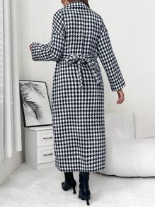 SHEIN Maternity Houndstooth Print Drop Shoulder Belted Coat - Black and White - View 4